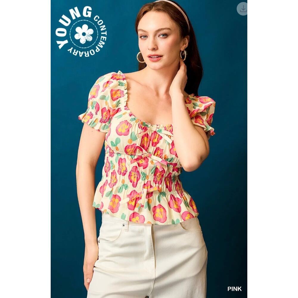 Umgee - Floral Smocked Peplum Blouse - Small